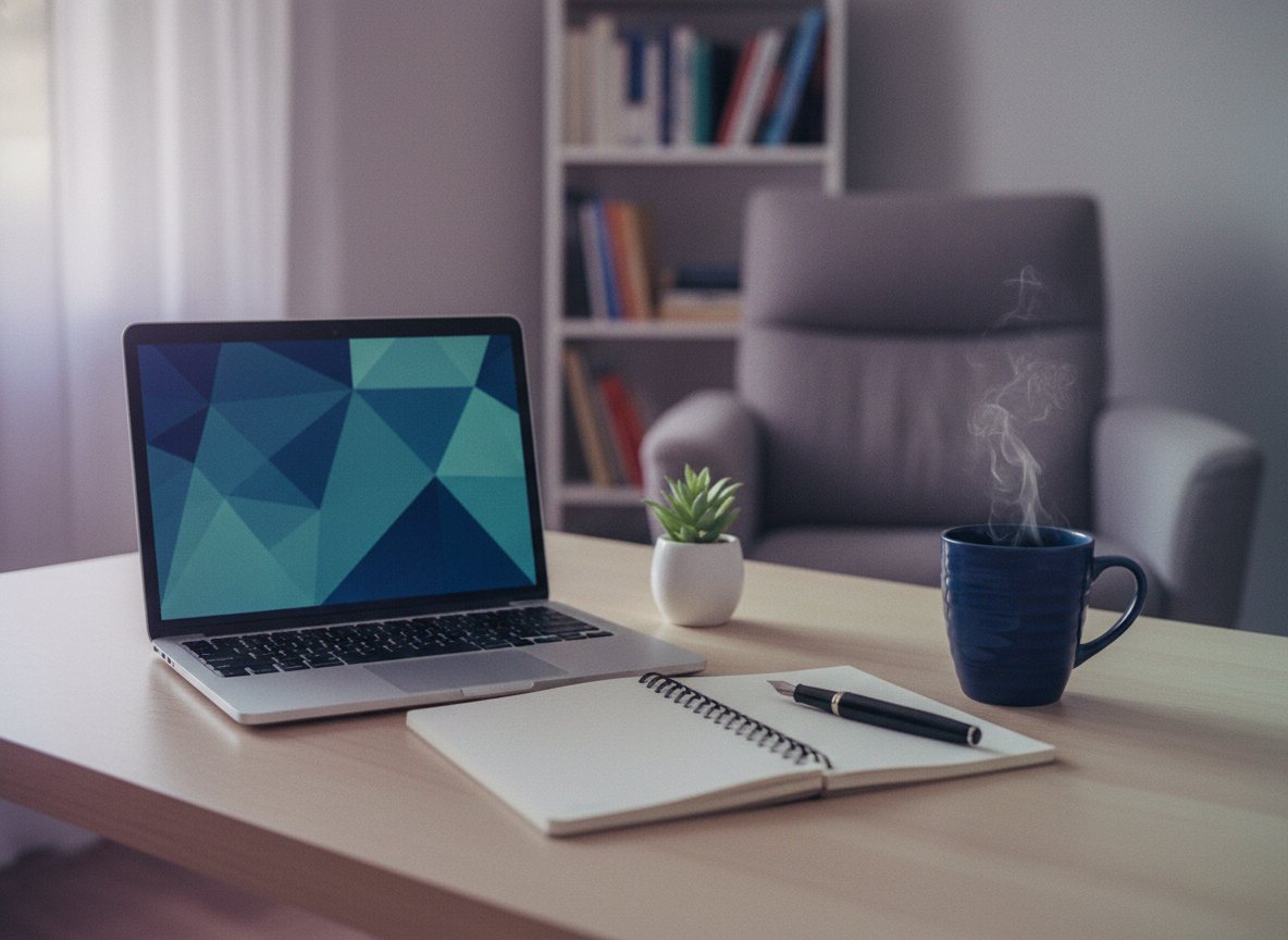 A grounded, real home workspace — laptop, notebook, coffee.